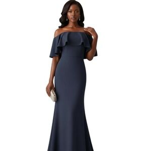 VINCE Camuto Navy Blue Off Shoulder Ruffle Cape Formal Gown Size 8 NWT $238